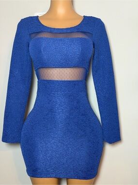 BCBGeneration Royal Blue Long-Sleeve Sheer-Panel Bodycon Dress